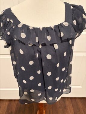 LC Lauren Conrad Navy and White Polka Dot Ruffle Blouse